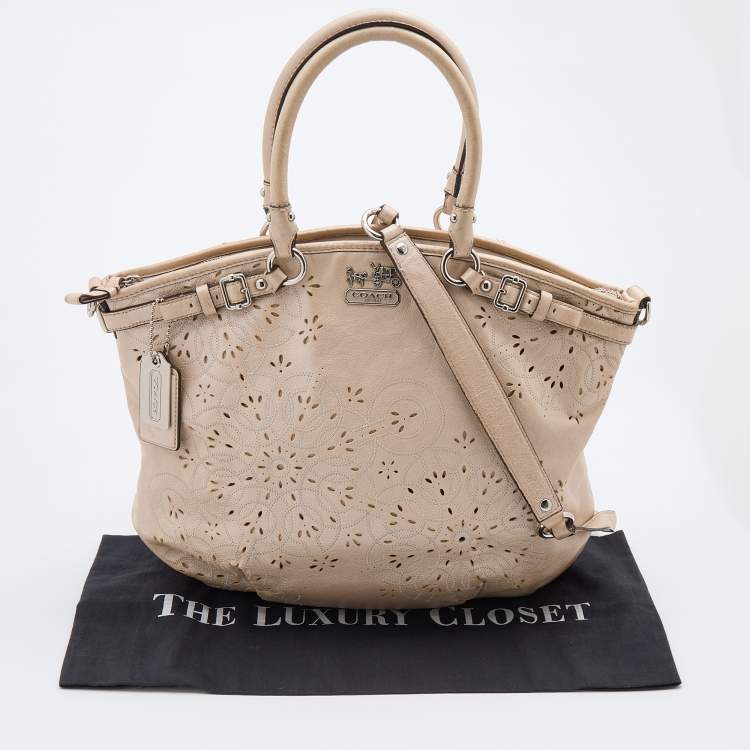 Pre Owned Coach Metallic Beige Leather Floral Laser Cut Lindsey Satchel