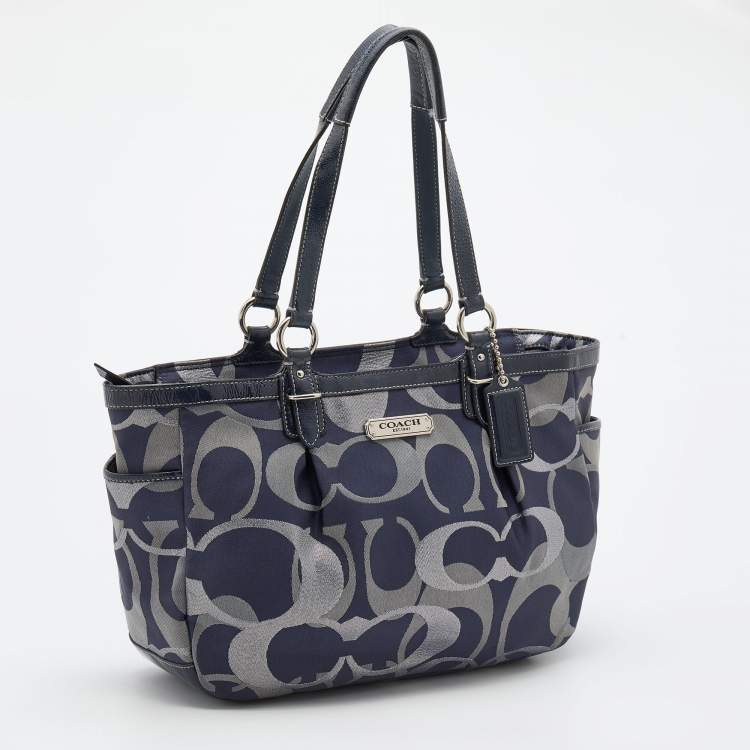 Pre Owned Coach Navy Blue Signature Canvas and Leather Tote