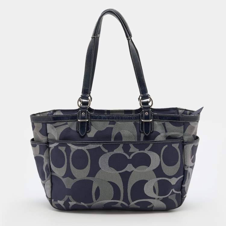 Pre Owned Coach Navy Blue Signature Canvas and Leather Tote