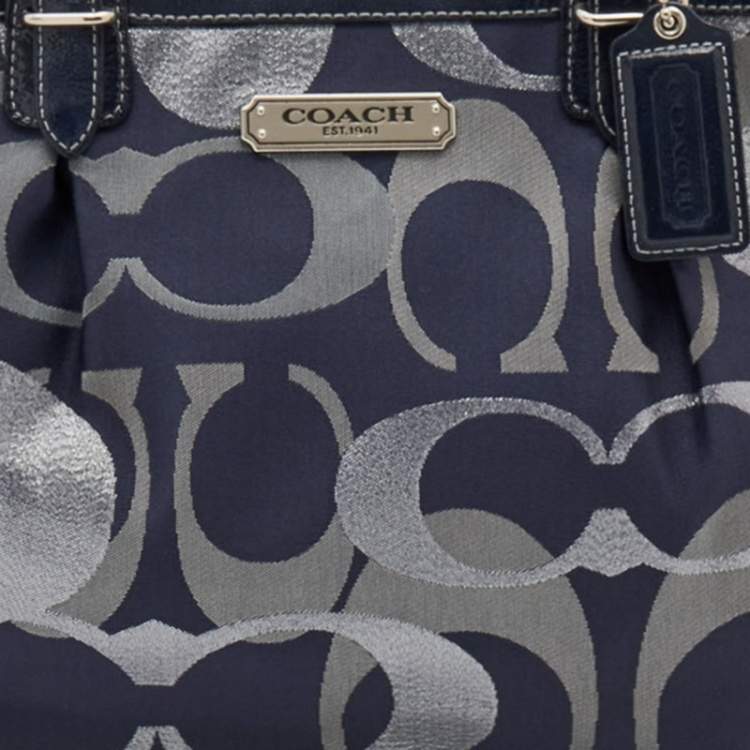 Pre Owned Coach Navy Blue Signature Canvas and Leather Tote