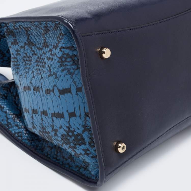Pre Owned Coach Two Tone Blue Python Embossed and Leather Carryall Tote