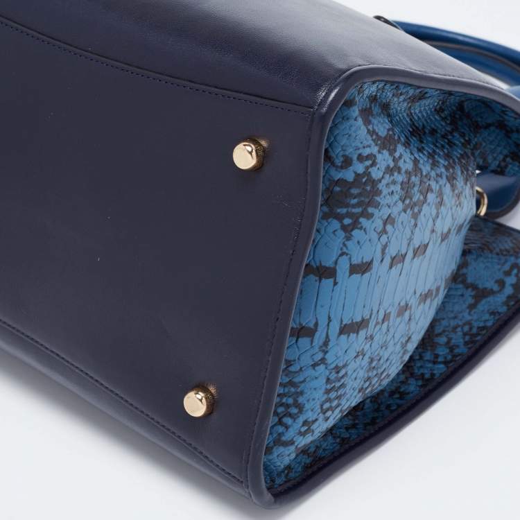 Pre Owned Coach Two Tone Blue Python Embossed and Leather Carryall Tote