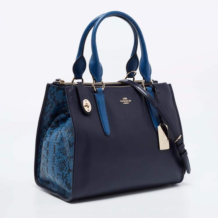 Pre Owned Coach Two Tone Blue Python Embossed and Leather Carryall Tote