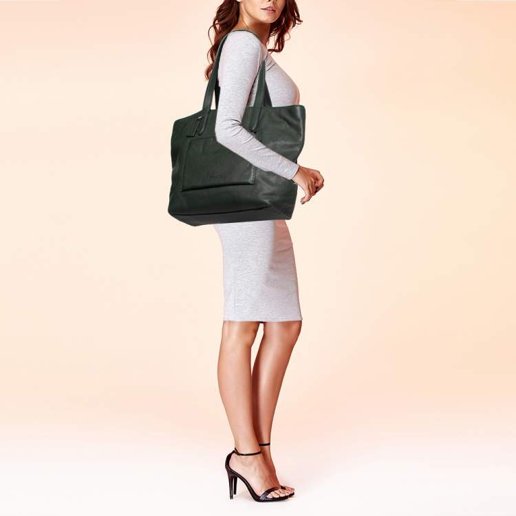 Pre Owned Coach Dark Green Pebbled Leather Front Pocket Tote