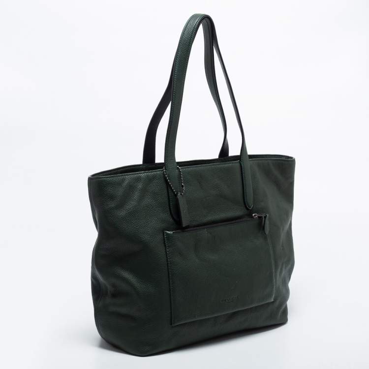Pre Owned Coach Dark Green Pebbled Leather Front Pocket Tote