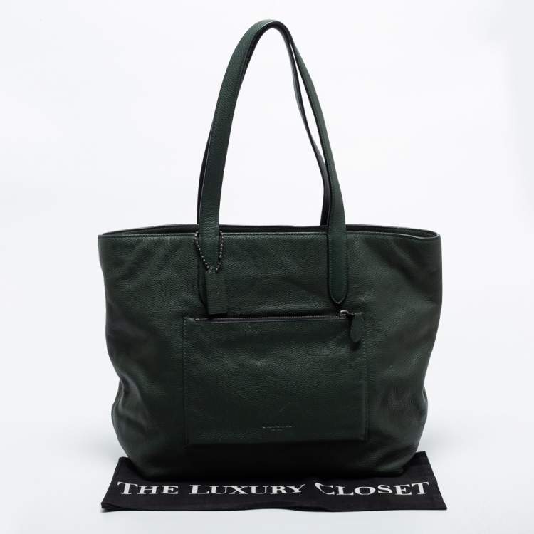 Pre Owned Coach Dark Green Pebbled Leather Front Pocket Tote