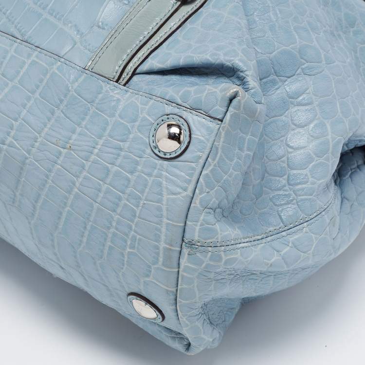 Pre Owned Coach Blue Croc Embossed Leather Carryall Mia Satchel