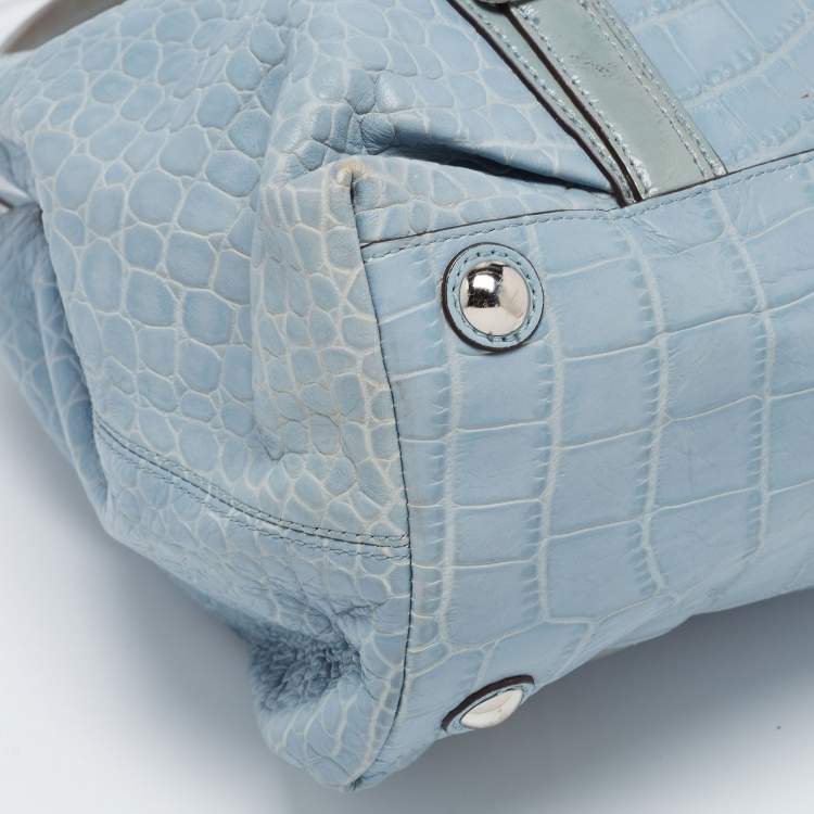 Pre Owned Coach Blue Croc Embossed Leather Carryall Mia Satchel