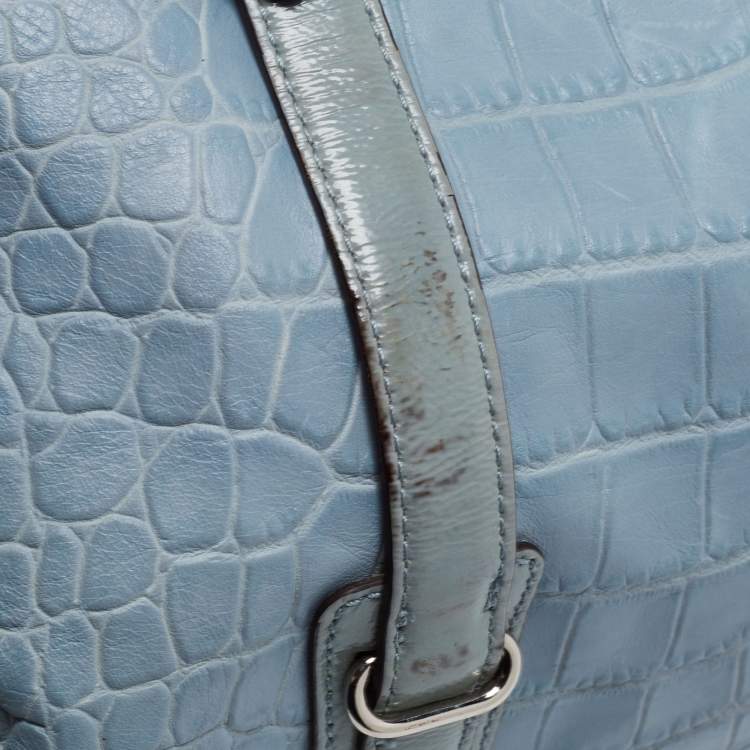 Pre Owned Coach Blue Croc Embossed Leather Carryall Mia Satchel