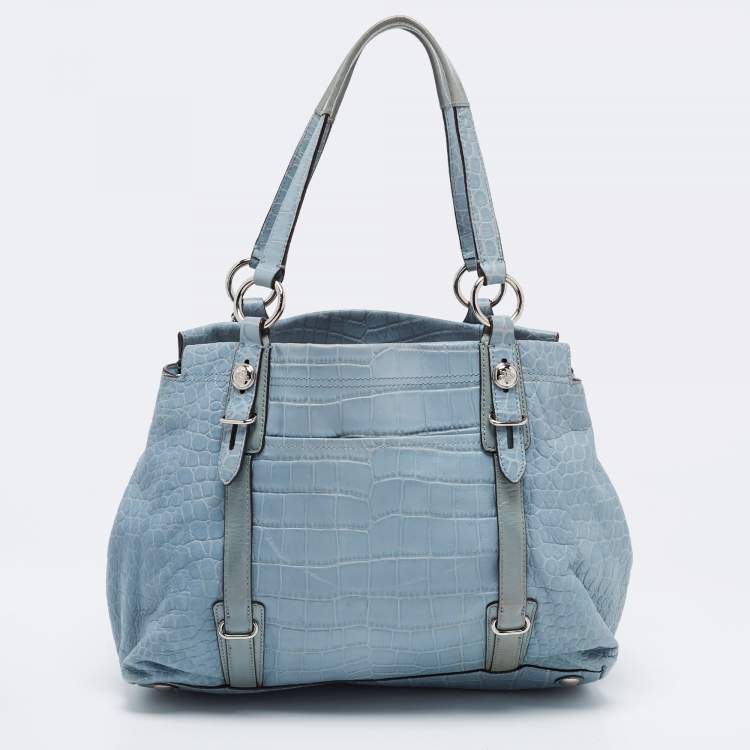 Pre Owned Coach Blue Croc Embossed Leather Carryall Mia Satchel