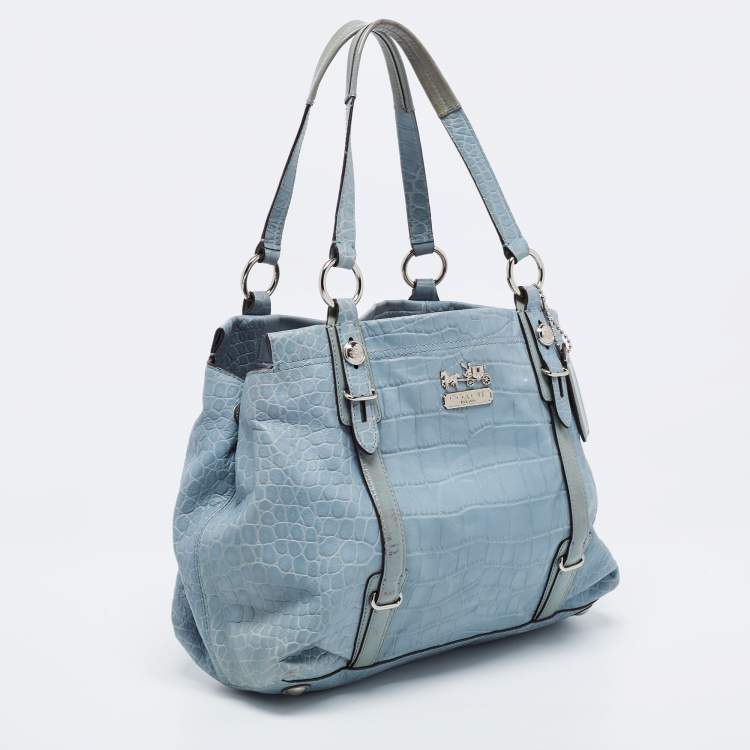 Pre Owned Coach Blue Croc Embossed Leather Carryall Mia Satchel