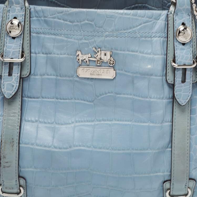 Pre Owned Coach Blue Croc Embossed Leather Carryall Mia Satchel