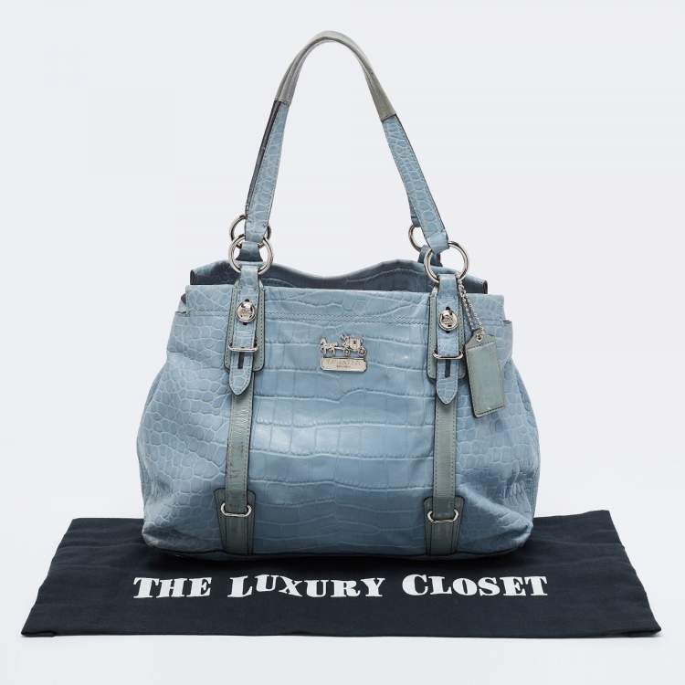 Pre Owned Coach Blue Croc Embossed Leather Carryall Mia Satchel