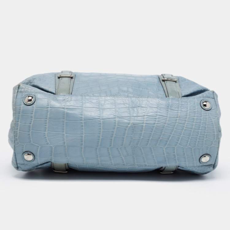 Pre Owned Coach Blue Croc Embossed Leather Carryall Mia Satchel