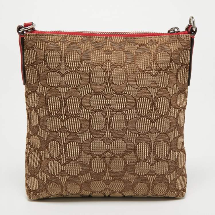 Pre Owned Coach Beige/Red Signature Jacquard and Leather Swingpack Crossbody Bag