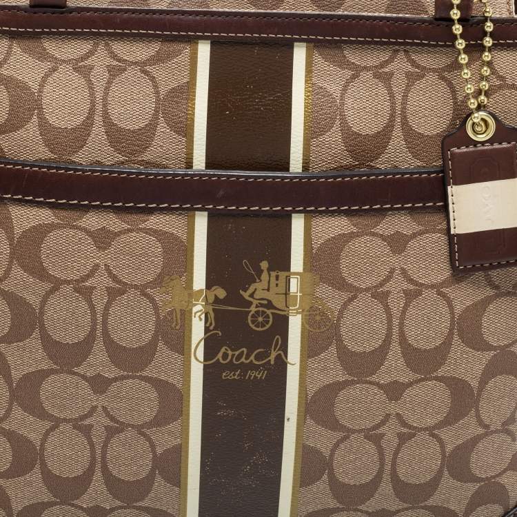 Pre Owned Coach Beige/Brown Signature Coated Canvas and Leather Heritage Stripe Tote