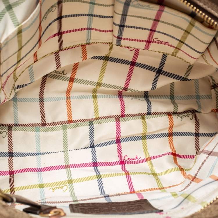 Pre Owned Coach Beige/Brown Signature Coated Canvas and Leather Heritage Stripe Tote