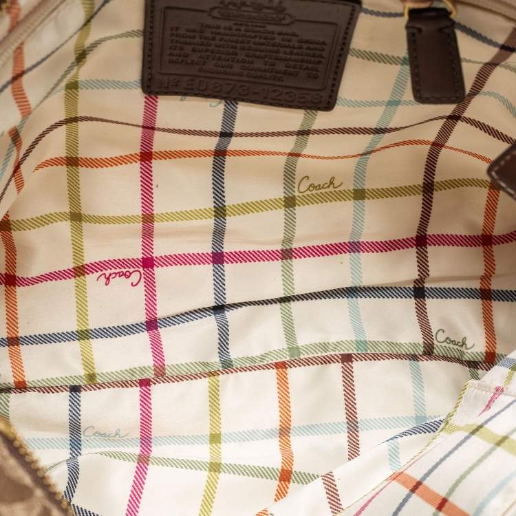 Pre Owned Coach Beige/Brown Signature Coated Canvas and Leather Heritage Stripe Tote