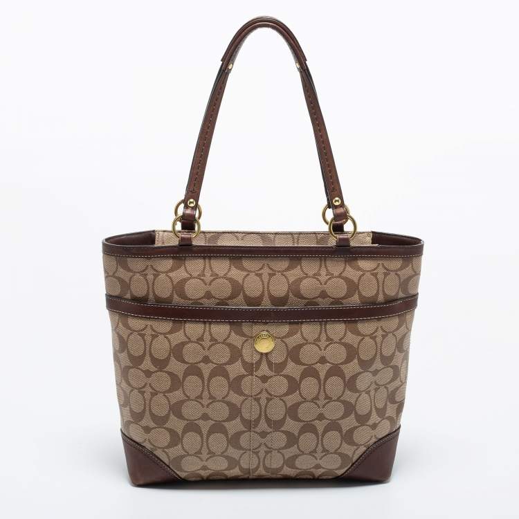 Pre Owned Coach Beige/Brown Signature Coated Canvas and Leather Heritage Stripe Tote