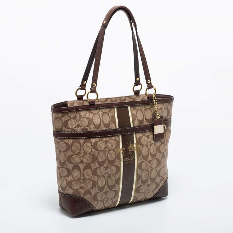 Pre Owned Coach Beige/Brown Signature Coated Canvas and Leather Heritage Stripe Tote