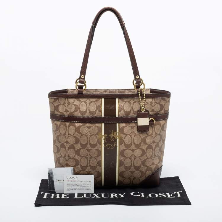 Pre Owned Coach Beige/Brown Signature Coated Canvas and Leather Heritage Stripe Tote