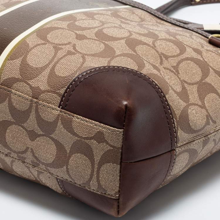 Pre Owned Coach Beige/Brown Signature Coated Canvas and Leather Heritage Stripe Tote