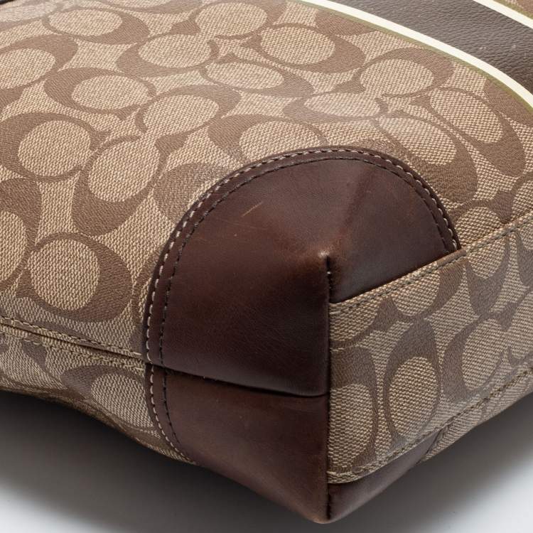 Pre Owned Coach Beige/Brown Signature Coated Canvas and Leather Heritage Stripe Tote