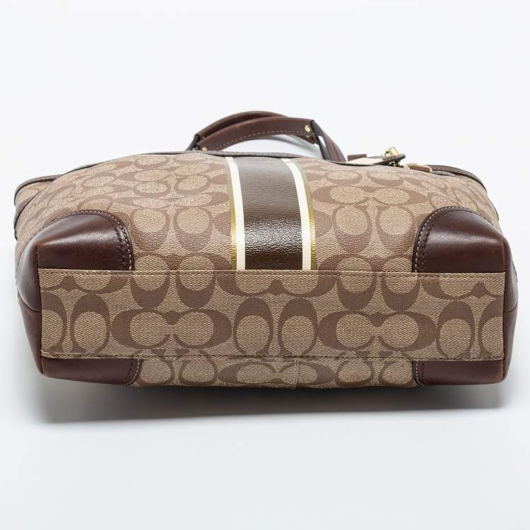 Pre Owned Coach Beige/Brown Signature Coated Canvas and Leather Heritage Stripe Tote