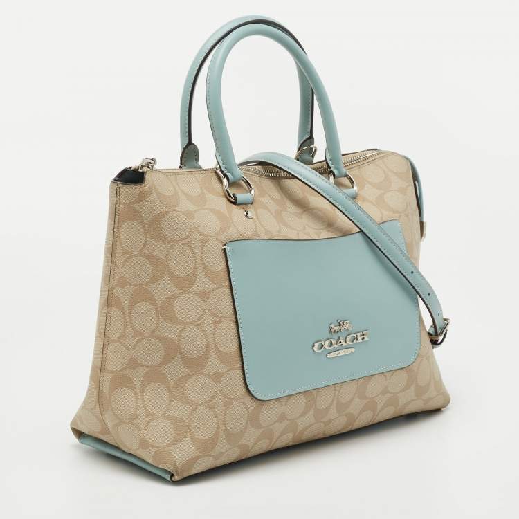 Pre Owned Coach Beige/Blue Coated Canvas and Leather Emma Satchel