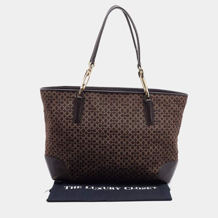 Pre Owned Coach Brown Signature Canvas and Leather Needlepoint Shopper Tote