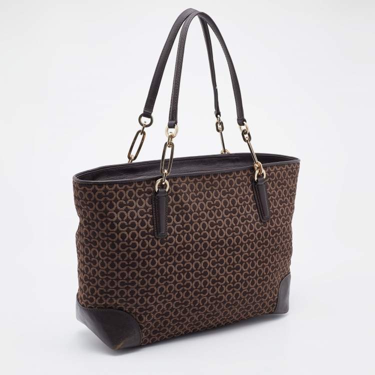 Pre Owned Coach Brown Signature Canvas and Leather Needlepoint Shopper Tote