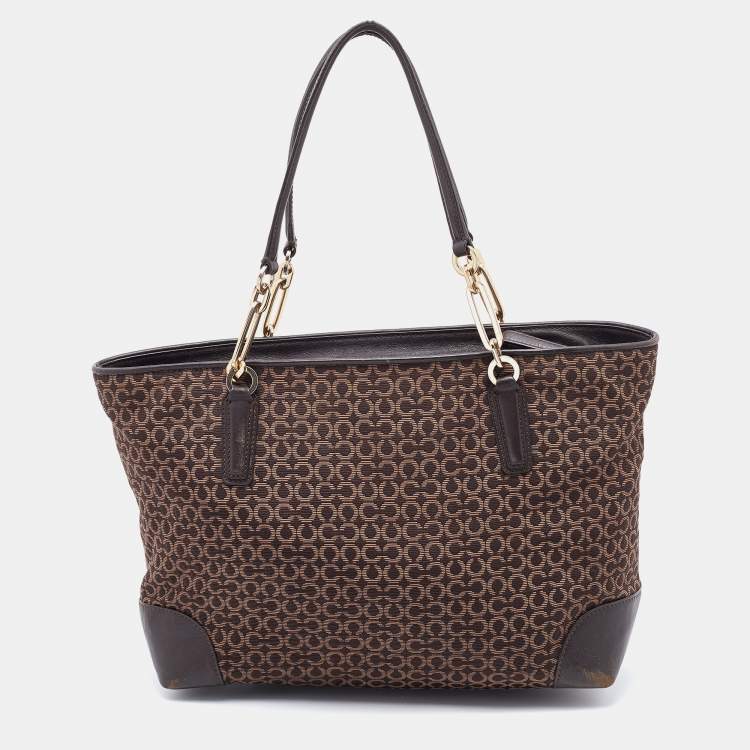 Pre Owned Coach Brown Signature Canvas and Leather Needlepoint Shopper Tote