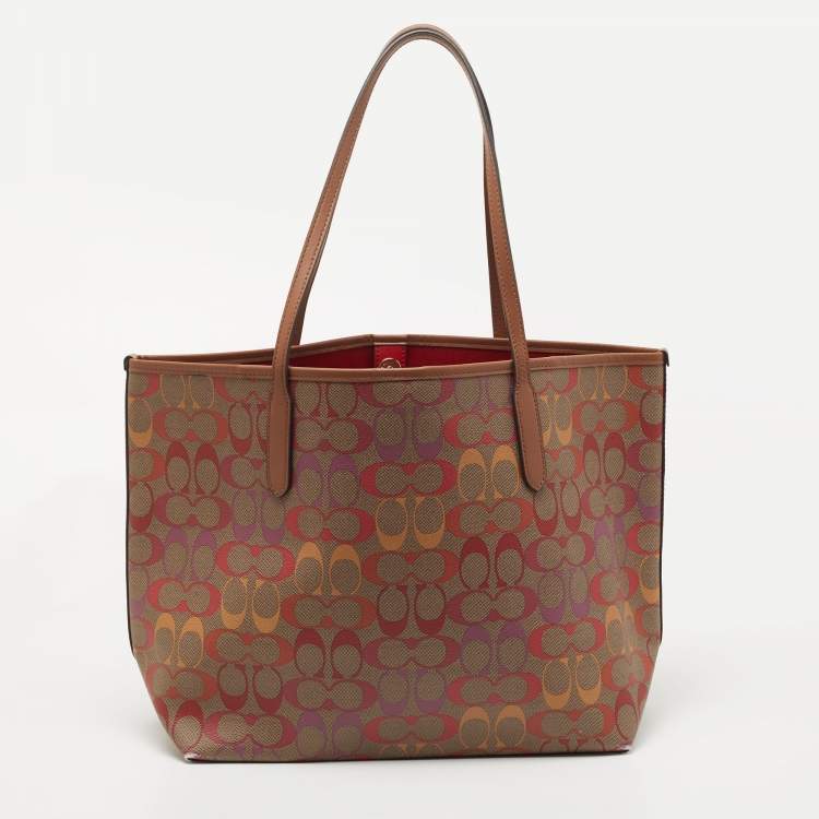 Pre Owned Coach Brown/Multicolor Signature Coated Canvas City Tote