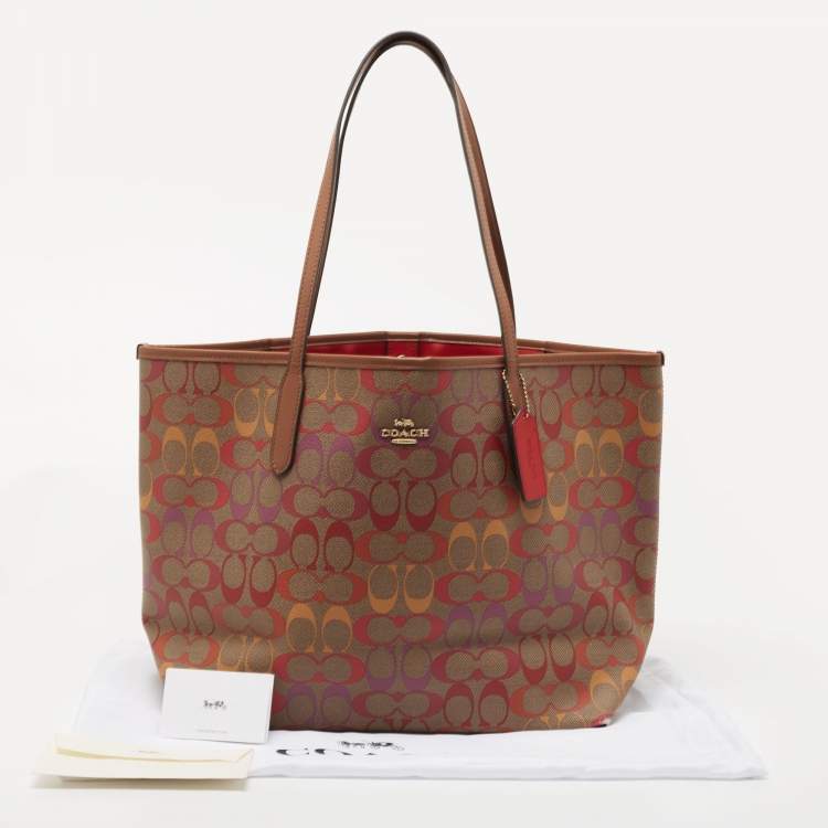 Pre Owned Coach Brown/Multicolor Signature Coated Canvas City Tote