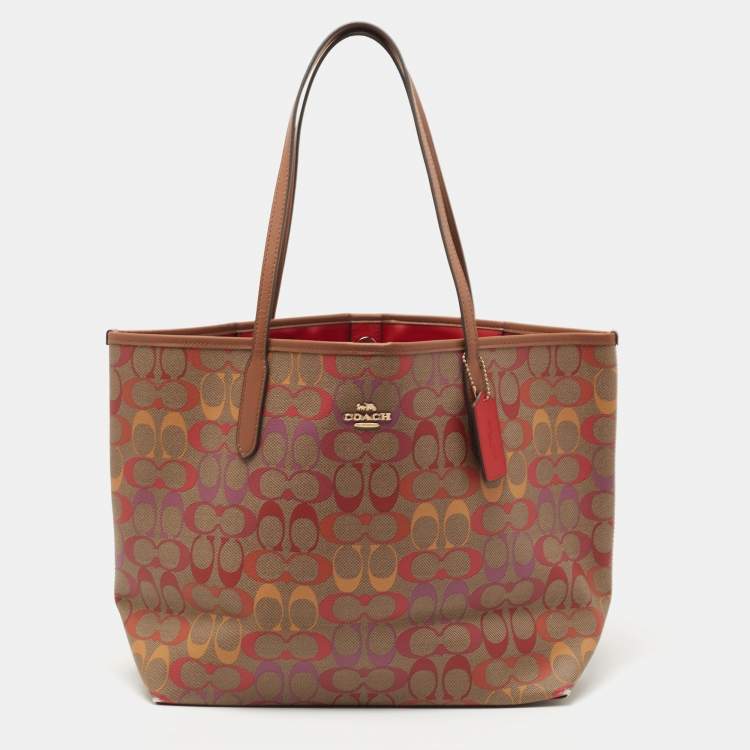 Pre Owned Coach Brown/Multicolor Signature Coated Canvas City Tote