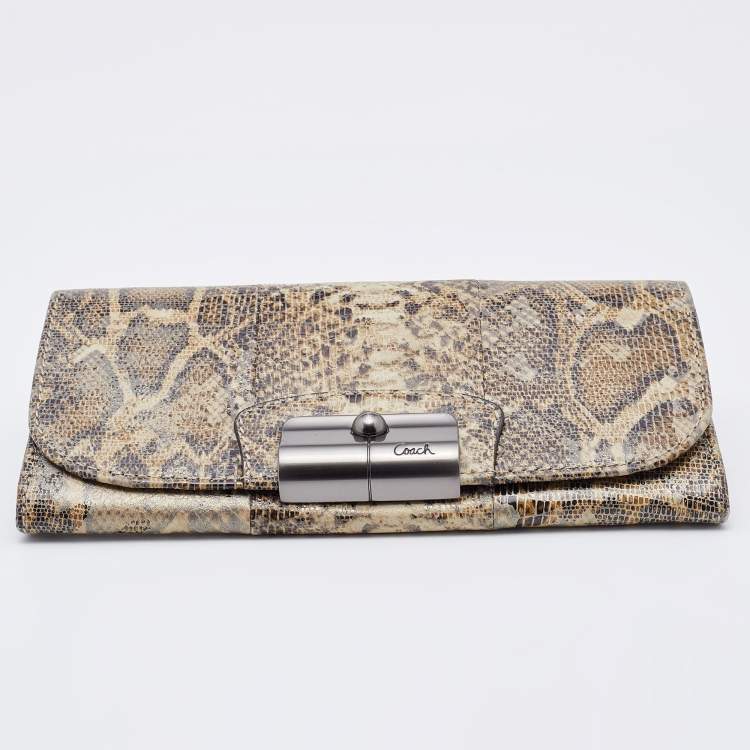 Pre Owned Coach Brown/Beige Python Embossed Leather Flap Continental Wallet