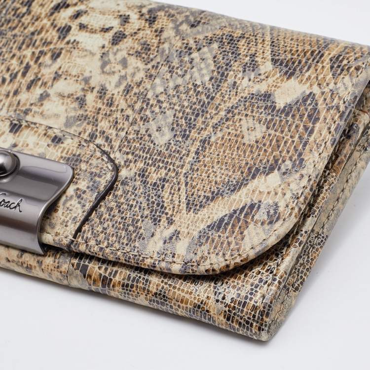 Pre Owned Coach Brown/Beige Python Embossed Leather Flap Continental Wallet