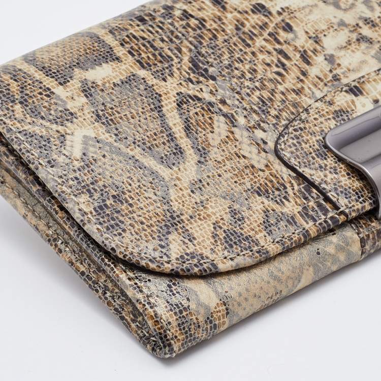 Pre Owned Coach Brown/Beige Python Embossed Leather Flap Continental Wallet