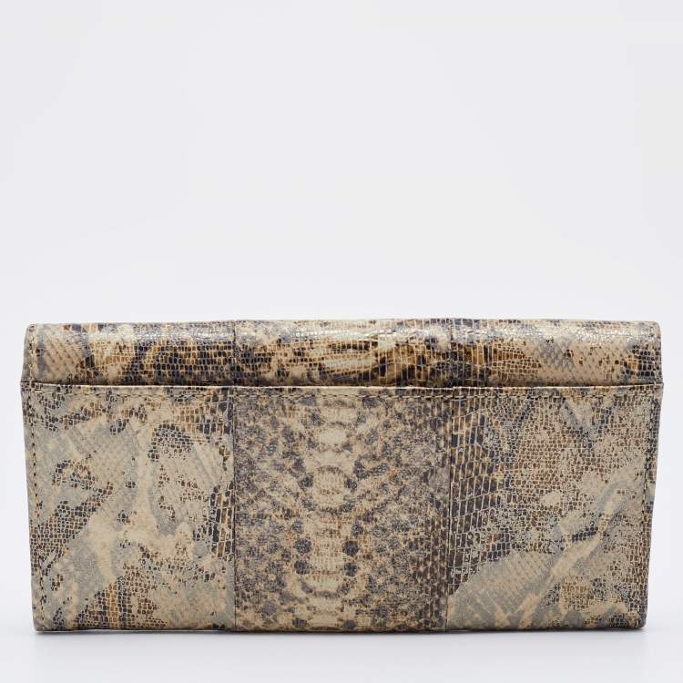 Pre Owned Coach Brown/Beige Python Embossed Leather Flap Continental Wallet
