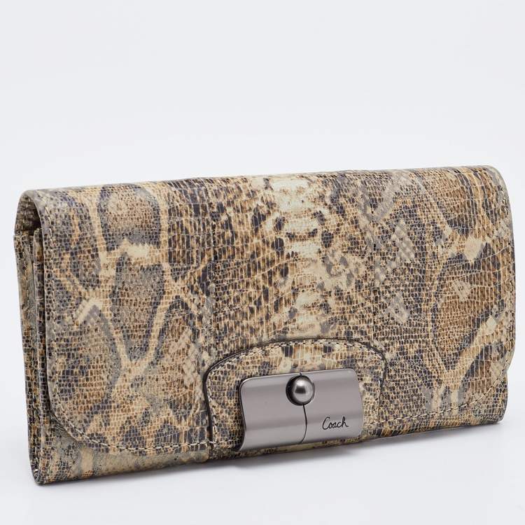 Pre Owned Coach Brown/Beige Python Embossed Leather Flap Continental Wallet