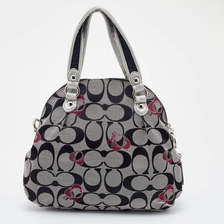 Pre Owned Coach Grey/Black Leather and Signature Canvas Poppy Satchel