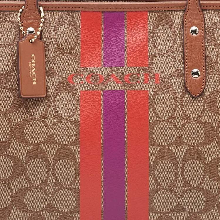 Pre Owned Coach Beige/Brown Signature Coated Canvas and Leather City Tote