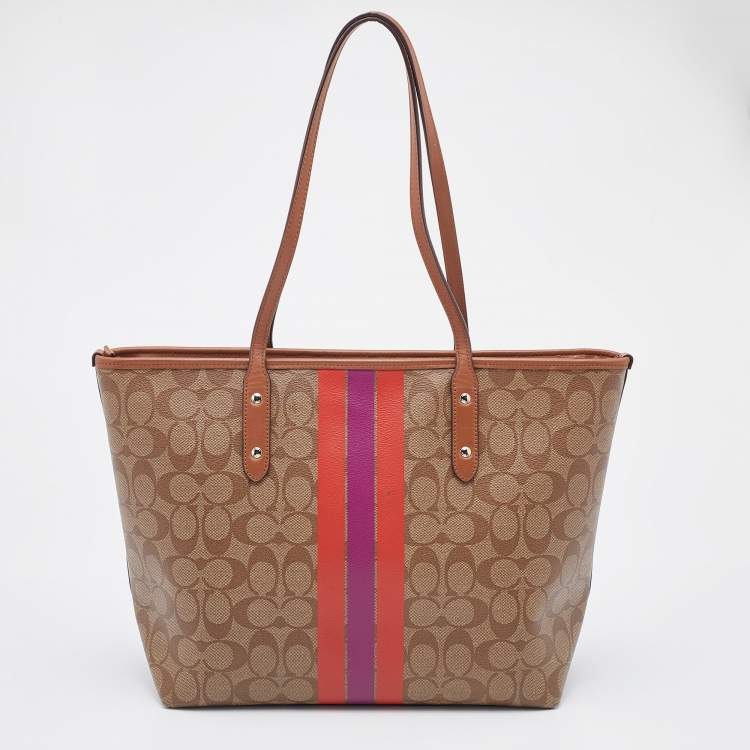 Pre Owned Coach Beige/Brown Signature Coated Canvas and Leather City Tote