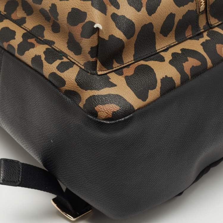 Pre Owned Coach Black/Brown Leopard Print Coated Canvas and Leather Charlie Backpack