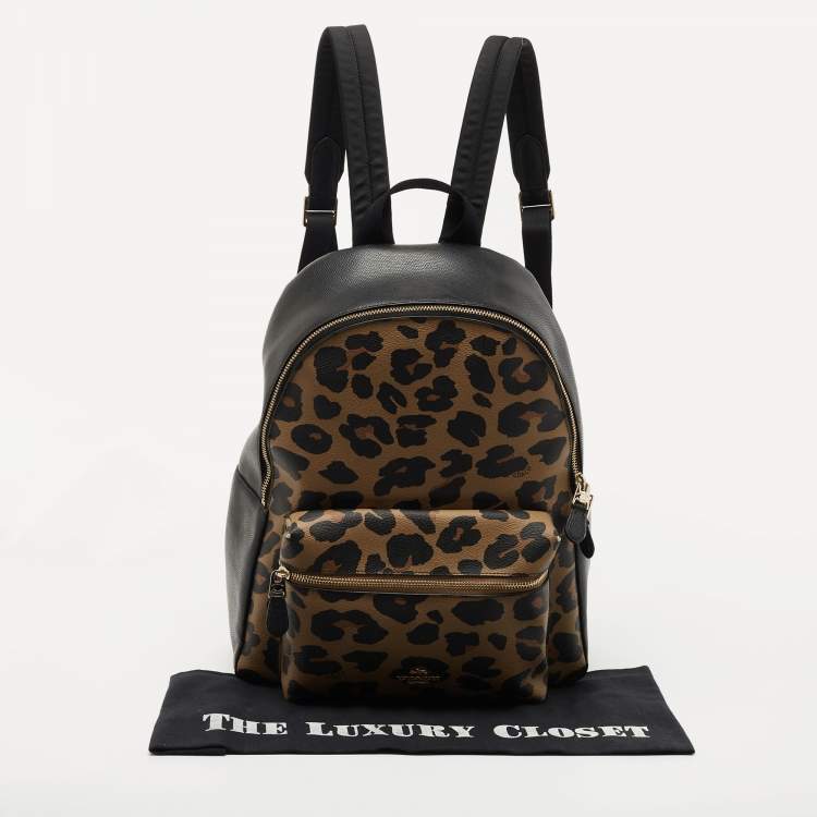 Pre Owned Coach Black/Brown Leopard Print Coated Canvas and Leather Charlie Backpack