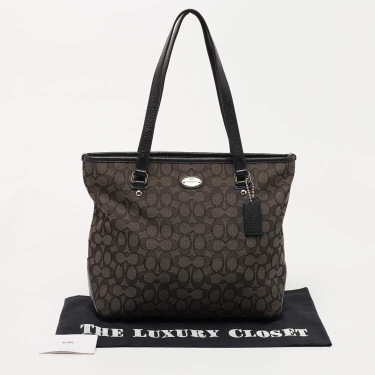 Pre Owned Coach Black Signature Canvas an Leather Top Zip Tote