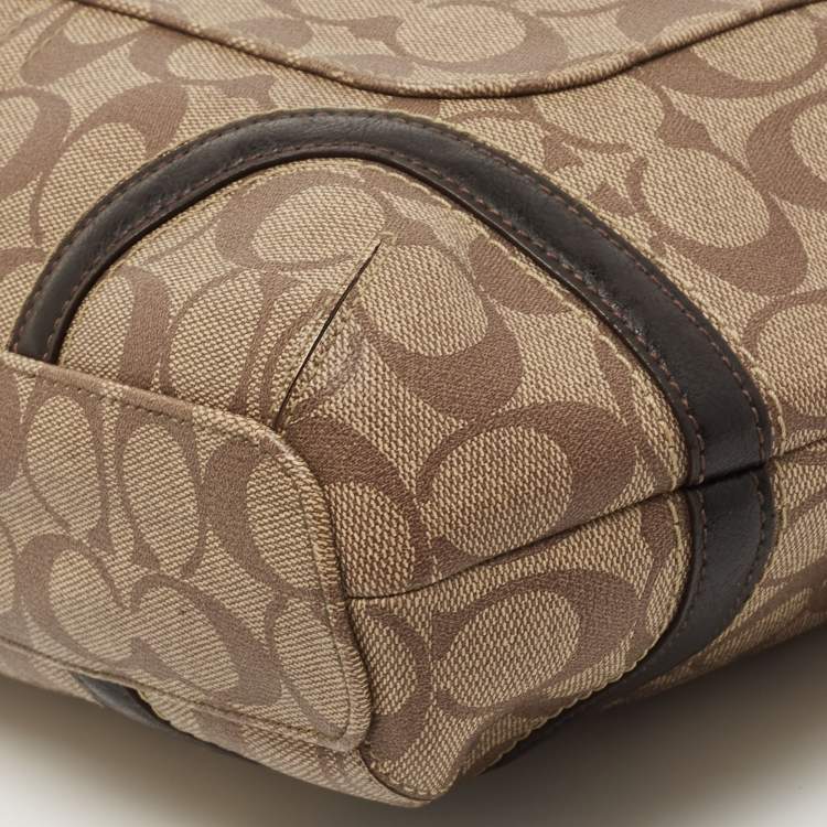 Pre Owned Coach Beige/Brown Signature Coated Canvas and Leather Heritage Peyton Tote