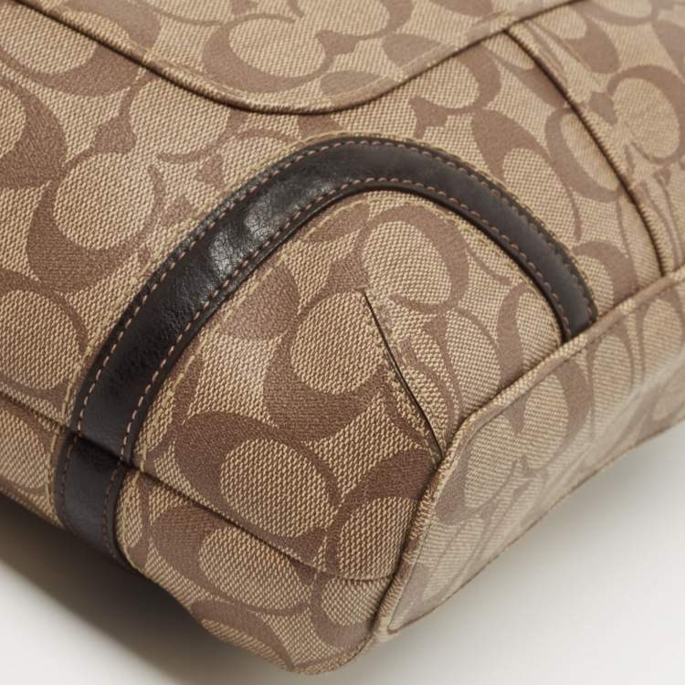 Pre Owned Coach Beige/Brown Signature Coated Canvas and Leather Heritage Peyton Tote