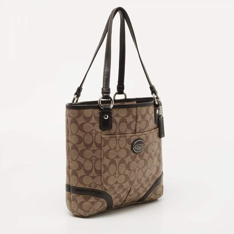 Pre Owned Coach Beige/Brown Signature Coated Canvas and Leather Heritage Peyton Tote
