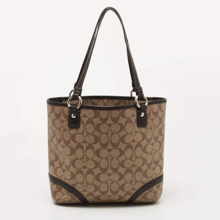 Pre Owned Coach Beige/Brown Signature Coated Canvas and Leather Heritage Peyton Tote